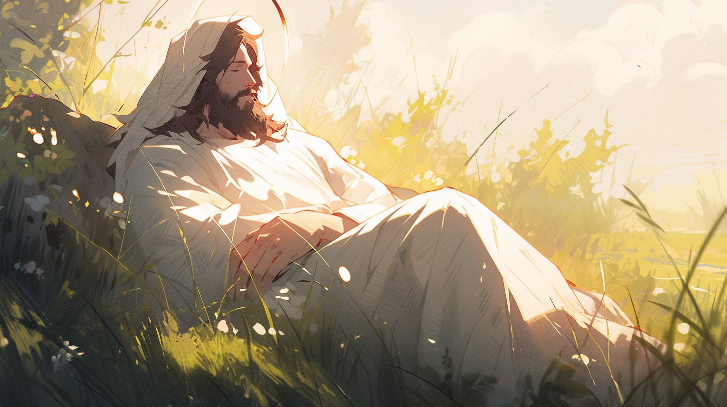 Jesus Sleeping by River in Bright, Detailed Image