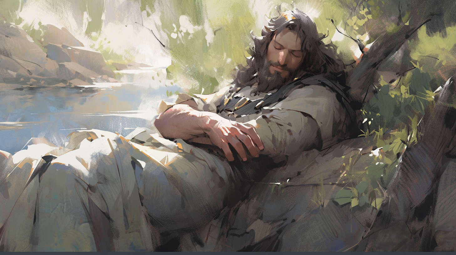 Jesus Sleeping by River in Bright Colors