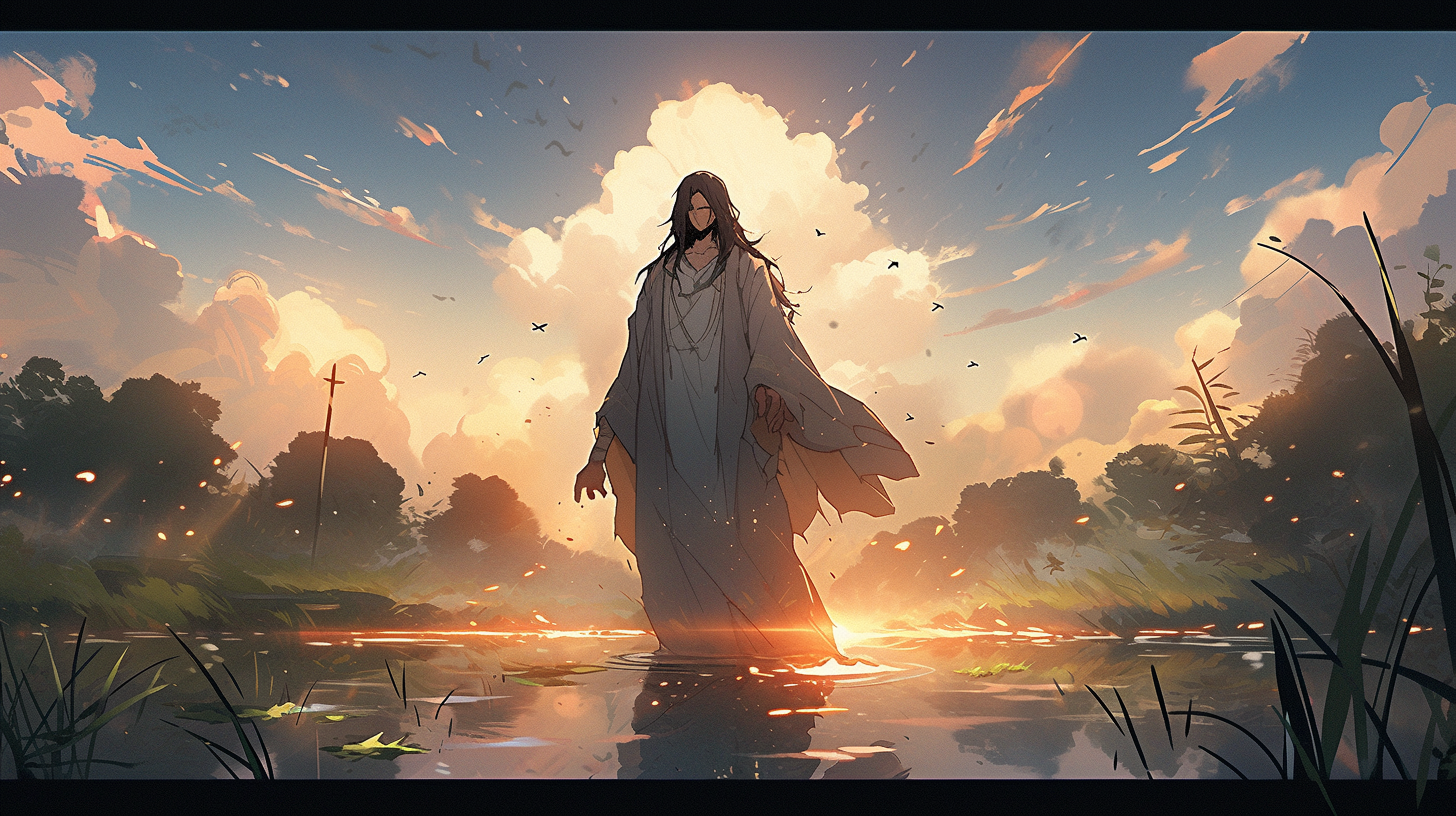 Jesus Standing by River in Bright, Realistic Painting