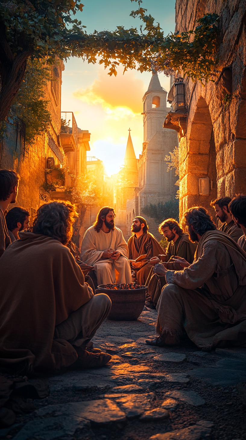 Jesus and disciples having Bible study in Jerusalem.