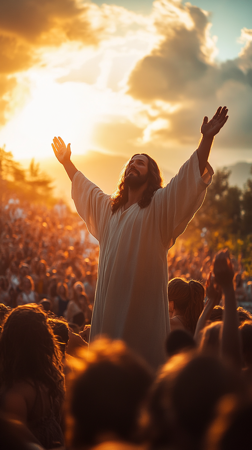 Jesus blessing a crowd at golden hour in cinema.