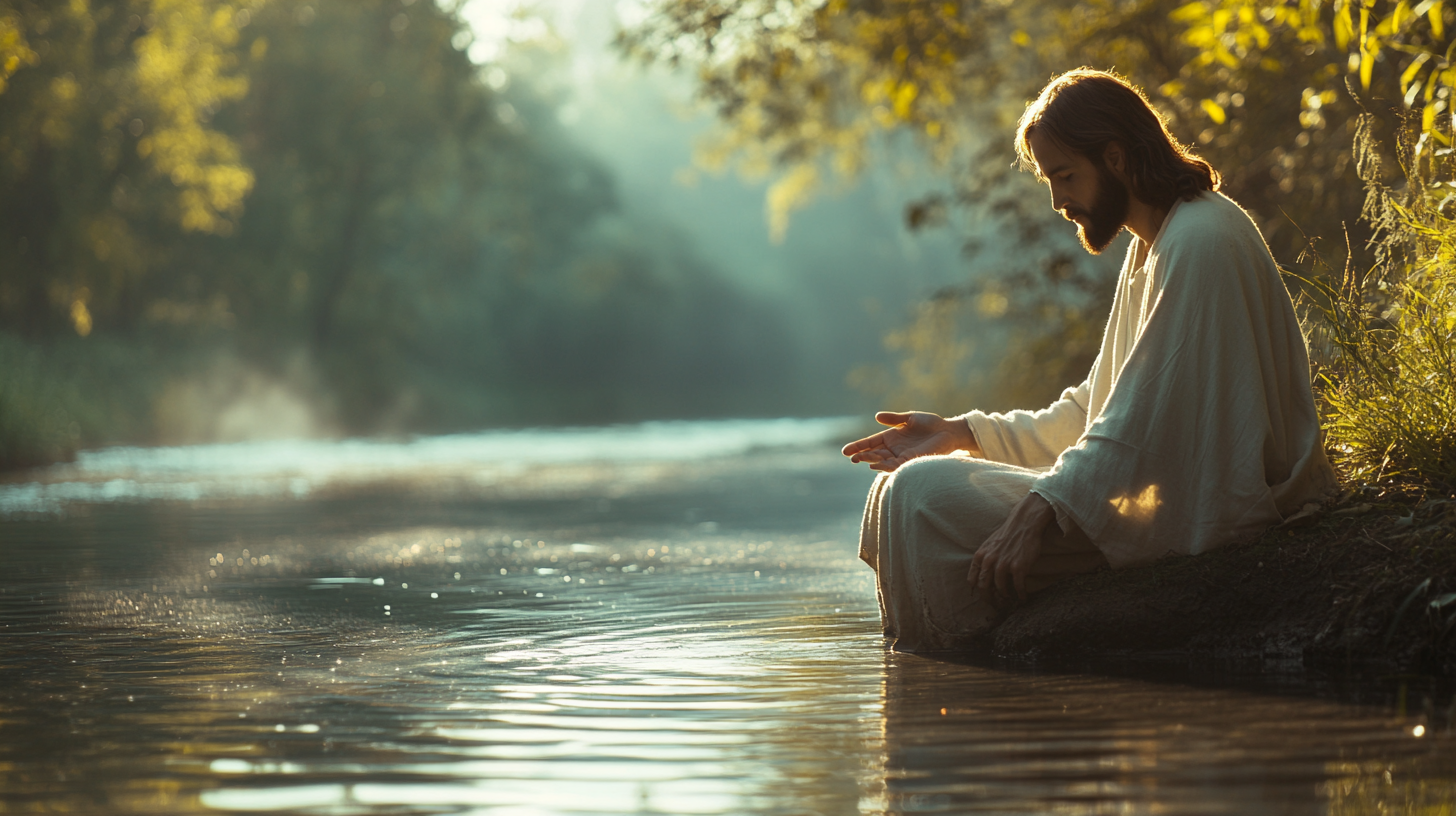 Jesus by calm river shows inner peace.