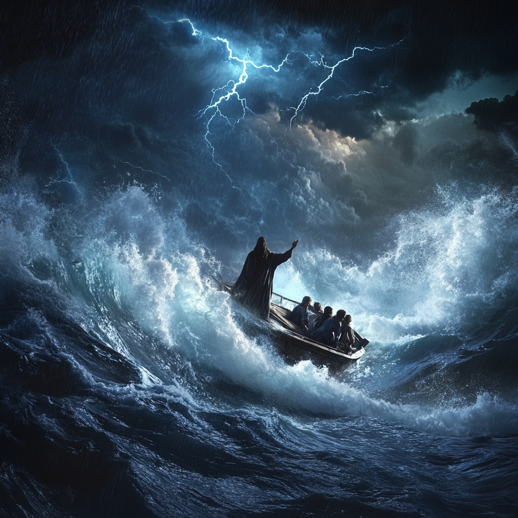 Jesus calms disciples' fears during storm at sea.