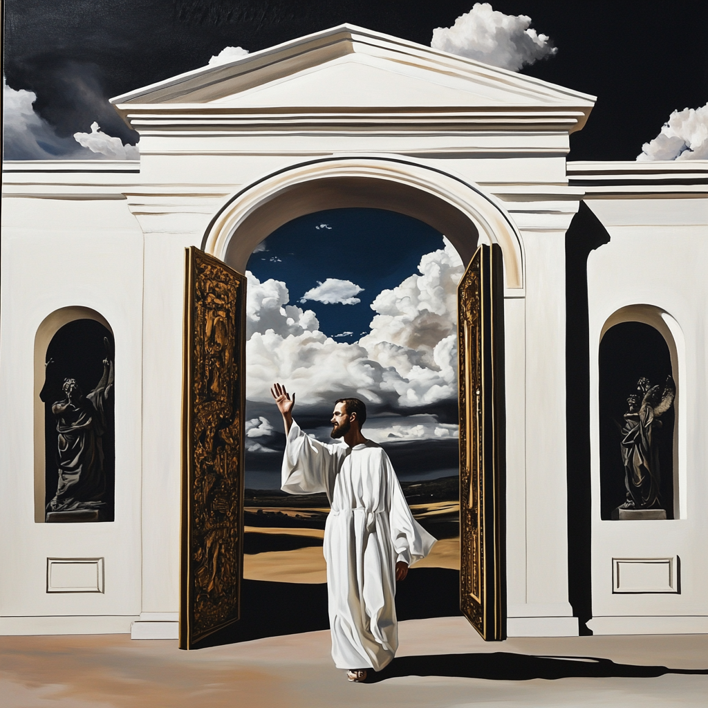 Jesus in White Robes at Heaven's Golden Gates