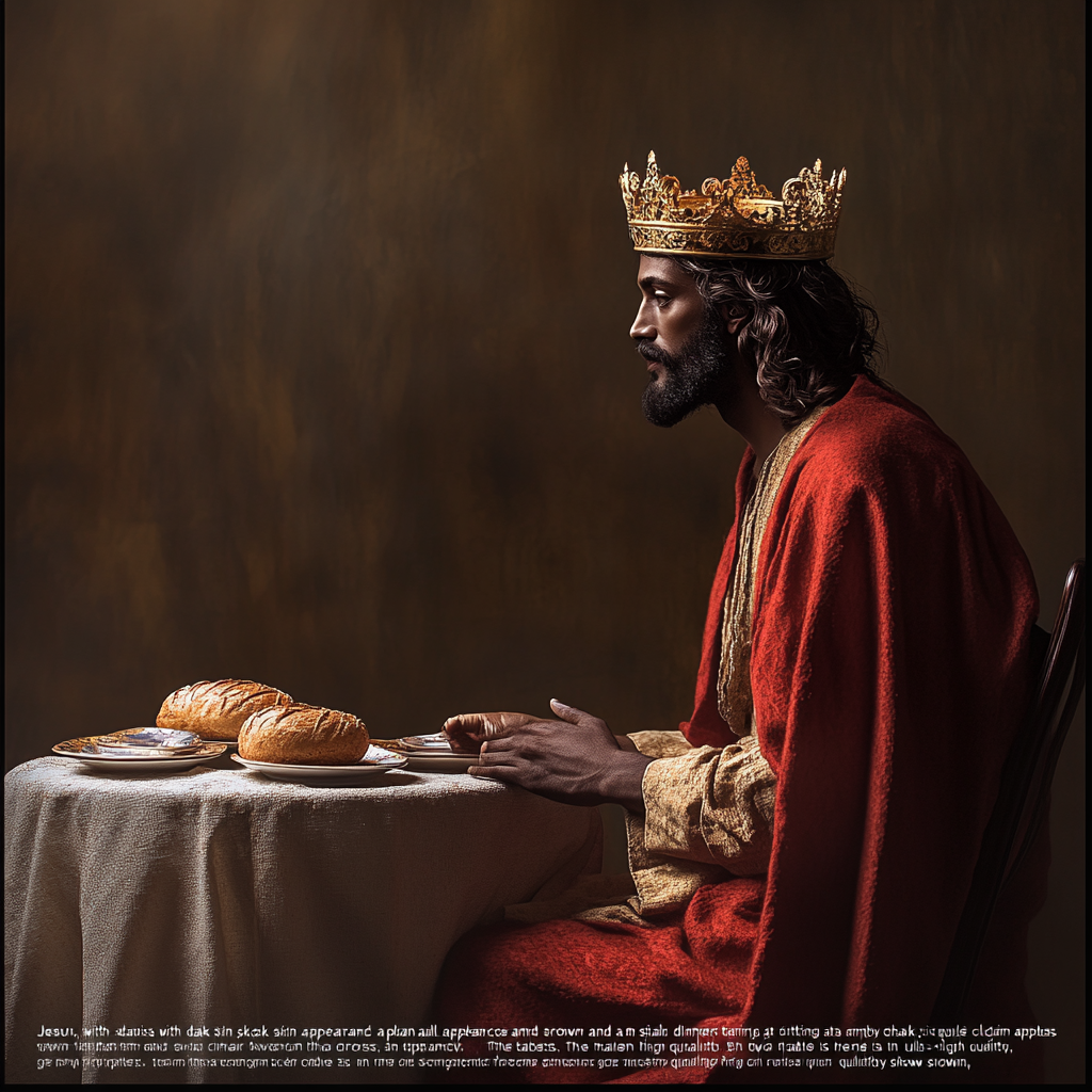 Jesus in golden crown at dinner table