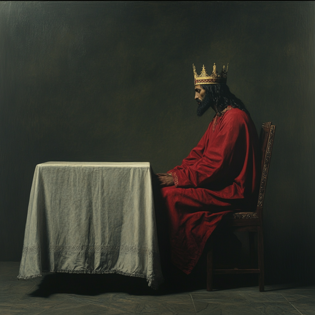 Jesus in red cape waits at table