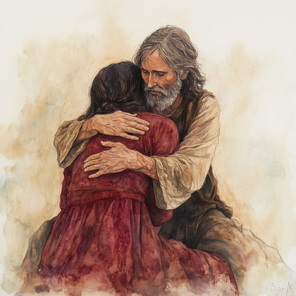 Jesus showing compassion hugging older woman, watercolor painting.