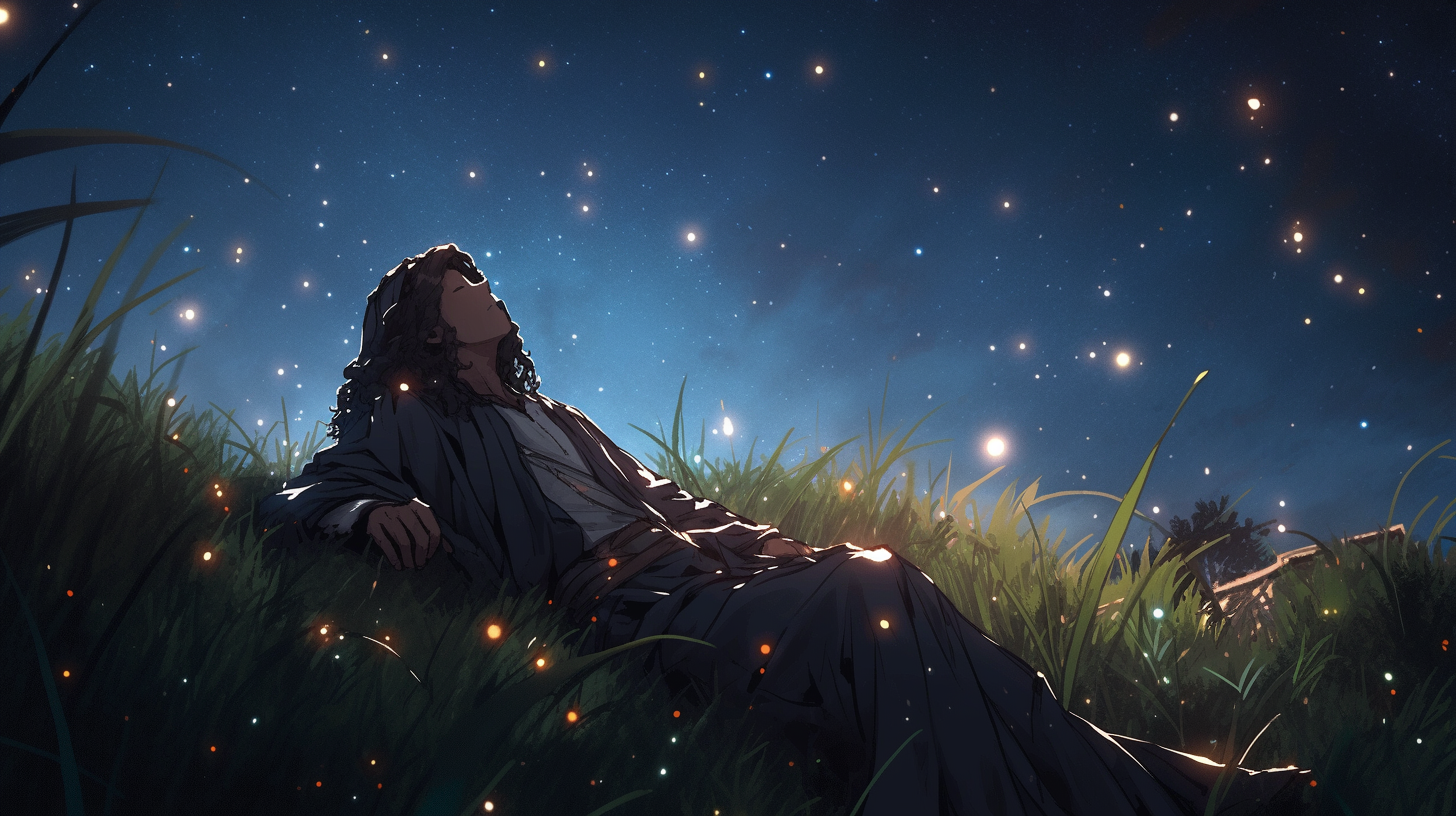 Jesus sleeping on grass field under stars.