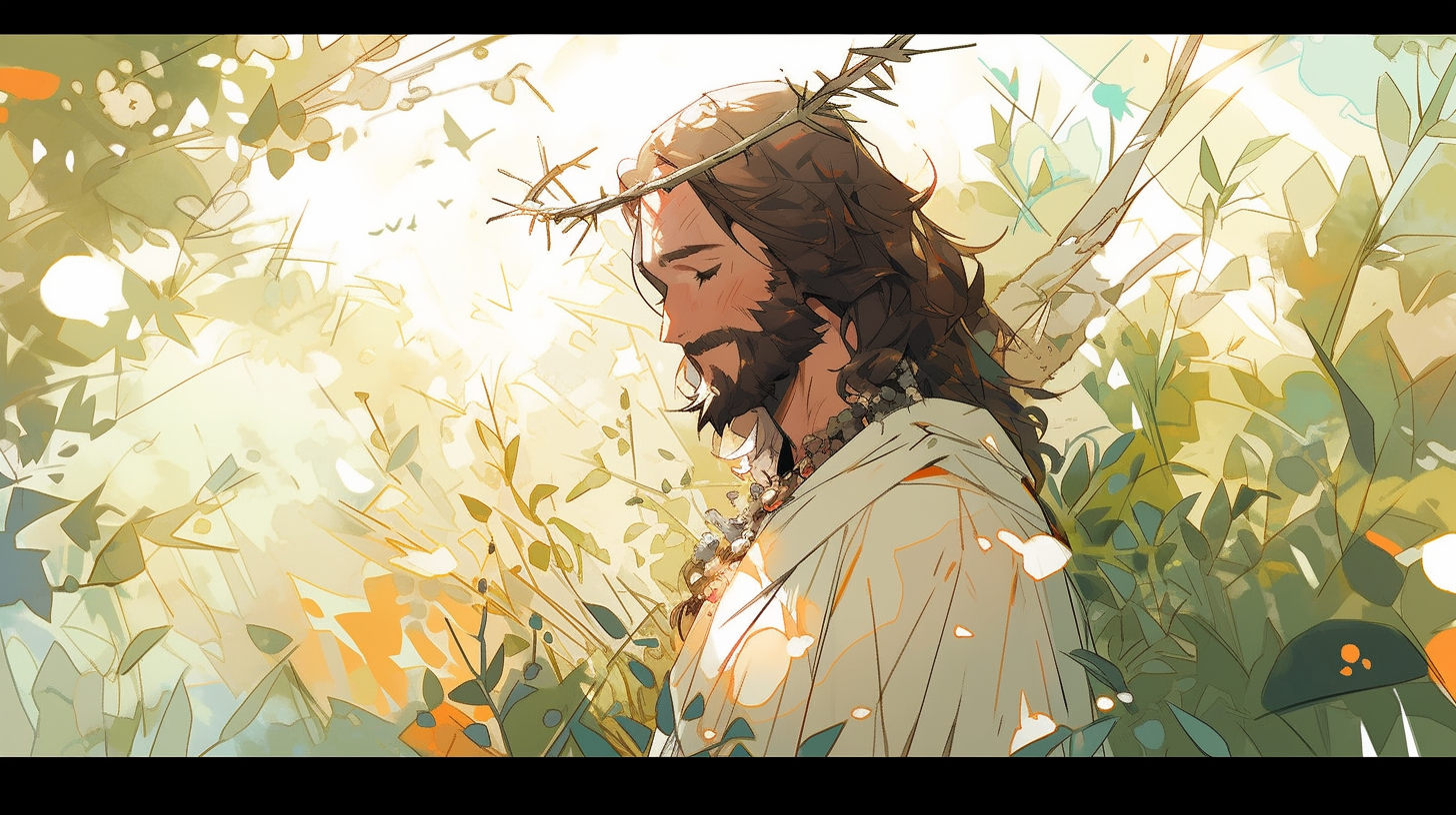 Jesus smiling with nature backdrop in vivid colors