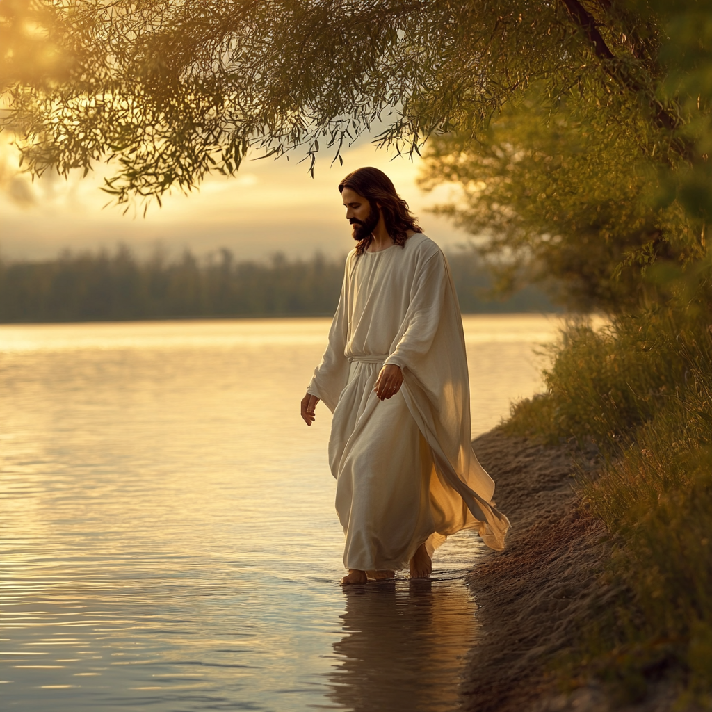 Jesus walking on shore at sunrise, serene and calm.