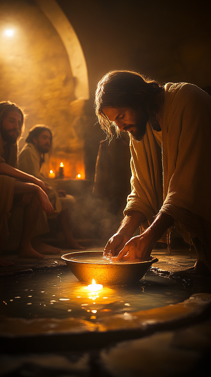 Jesus washing disciples' feet in glowing, detailed golden hour image.