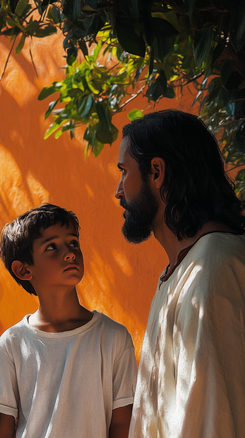 Jesus watches Latin American boy returning from college.