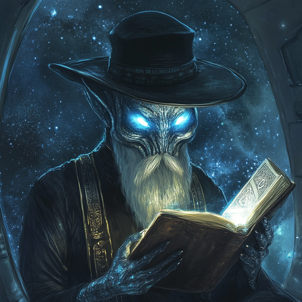 Jewish space alien holding Talmud inside spaceship, watching you.