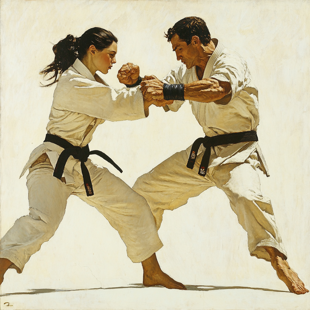 Jiujitsu Sparring: Man and Woman Wrestling, Norman Rockwell Style 