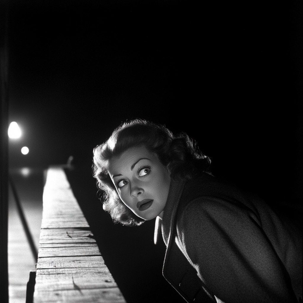 Joan Crawford in a trench coat at pier at night