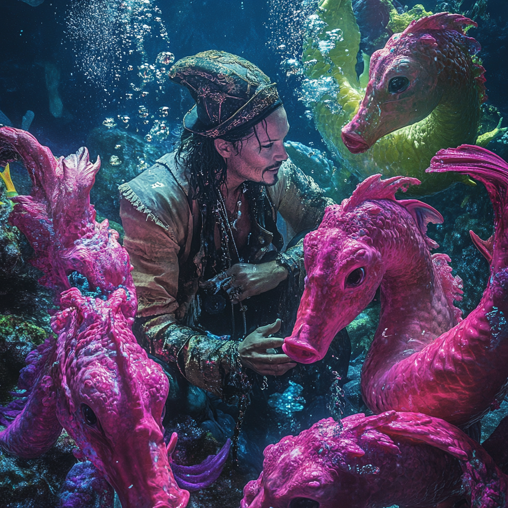 Johnny Depp as pirate talking to mermaid queen