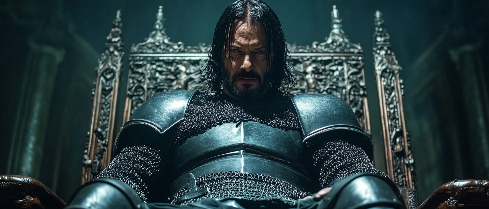 Johnwick in Medieval Armor on Throne Looking Down