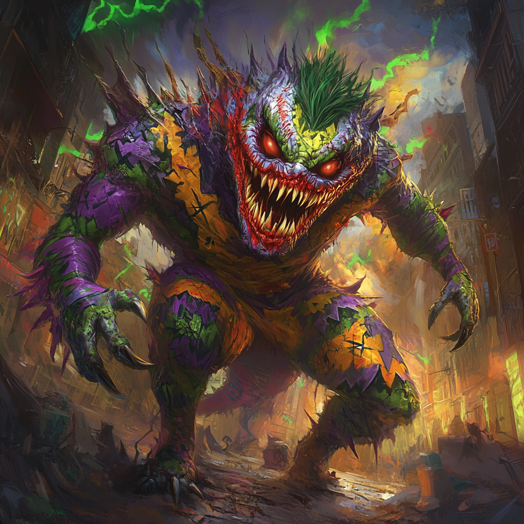 Joker-Godzilla fusion in chaotic Gotham City scene. Nightmarish!