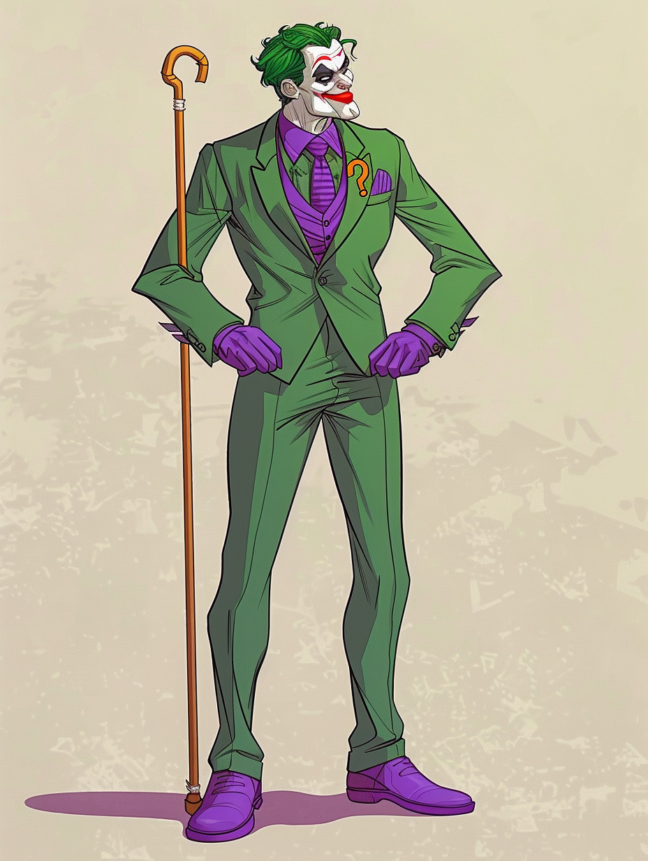 Joker from Batman wearing purple suit and cane.