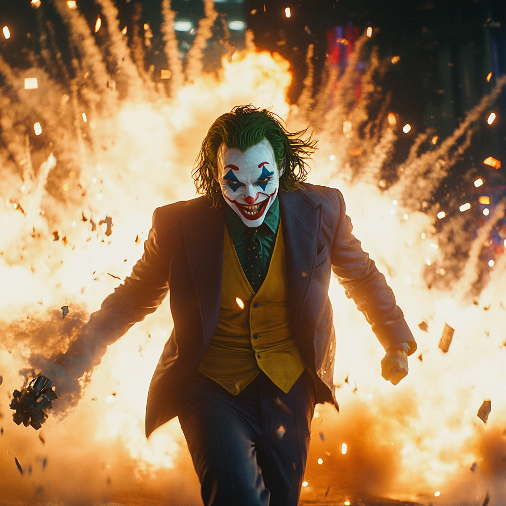 Joker holds grenade in explosive action scene.