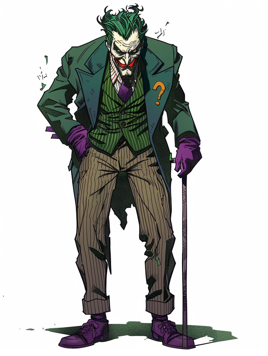 Joker in green suit, purple tie, purple accessories.