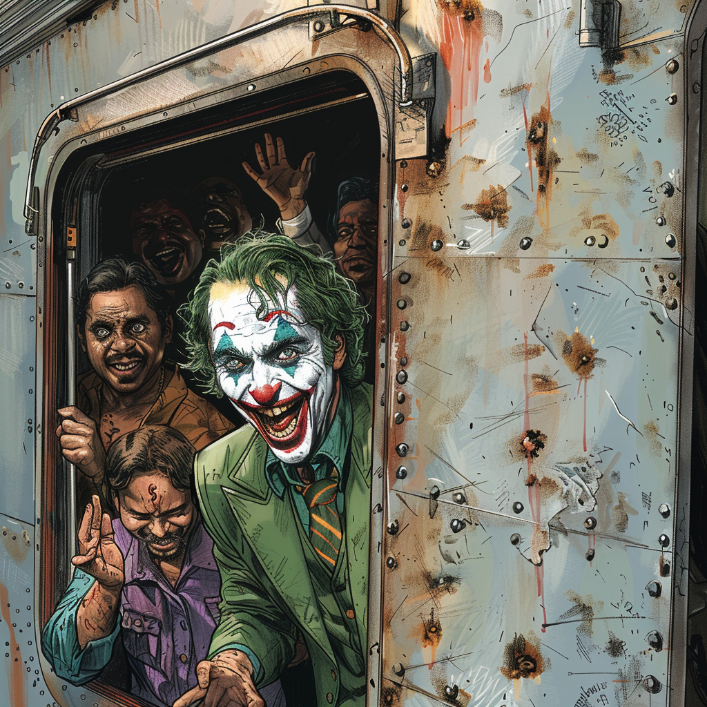 Joker laughs at Indian commuters on crowded train.