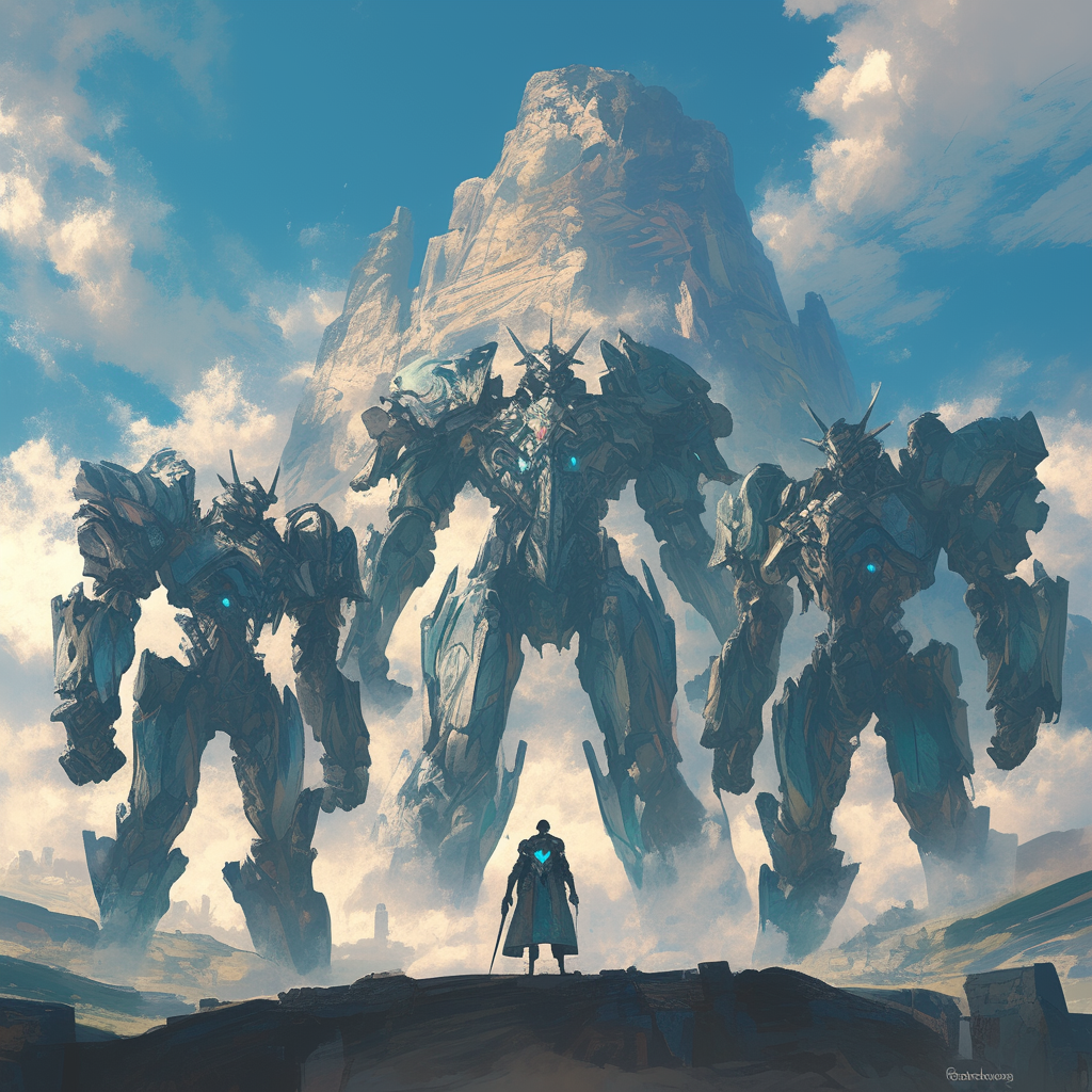 Journey towards mountain blocked by three colossal robots.