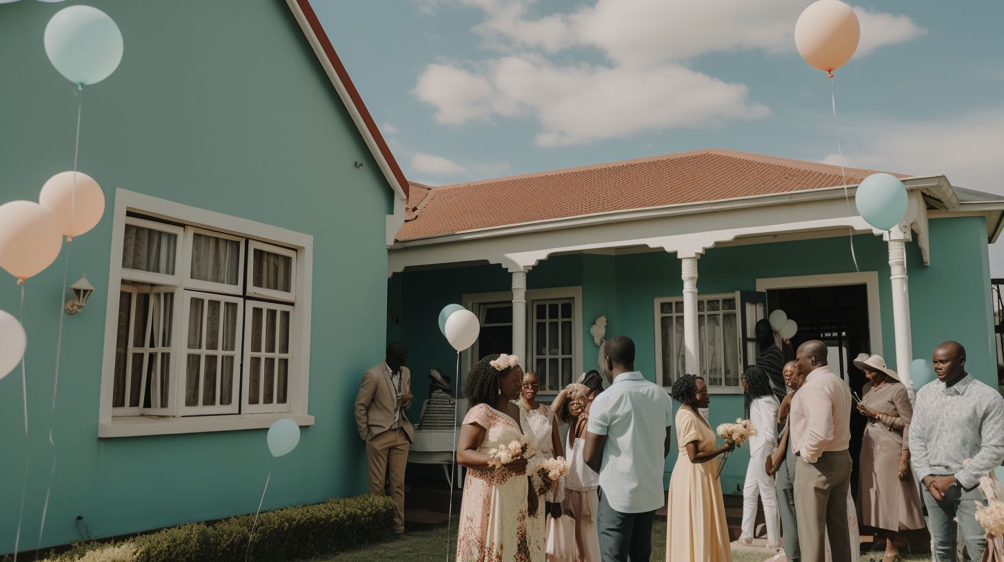 Joyful African wedding outside family home in Africa