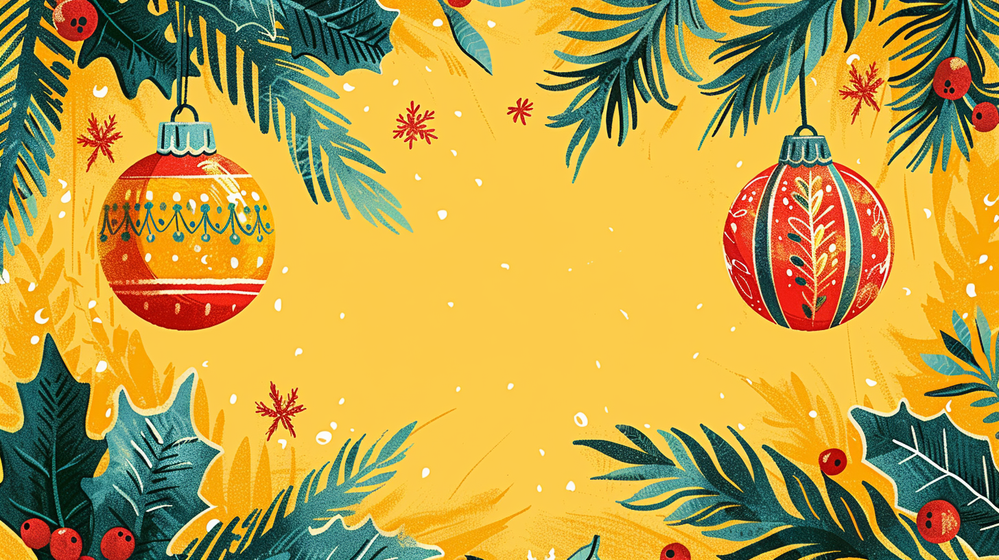 Joyful Christmas ornaments on vibrant yellow background.