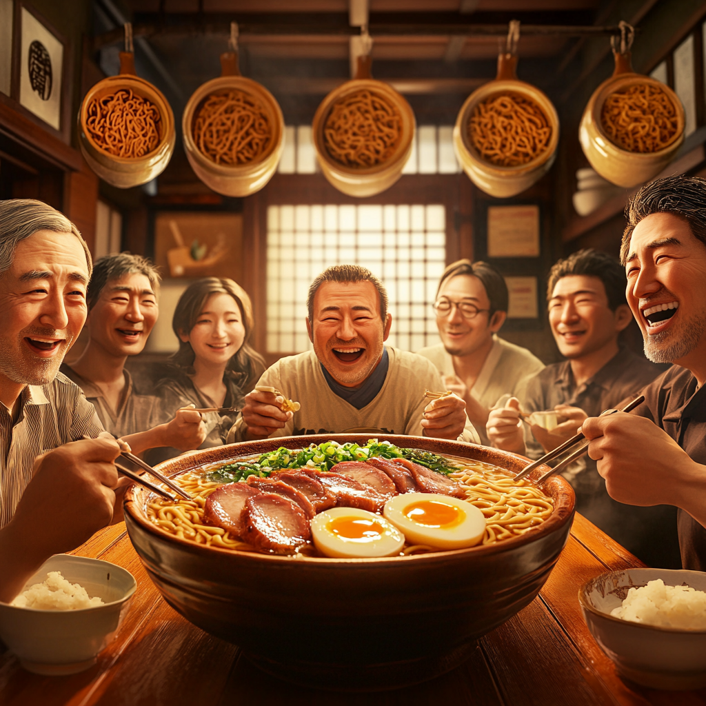 Joyful Gathering Over Ramen in Traditional Japanese Kitchen