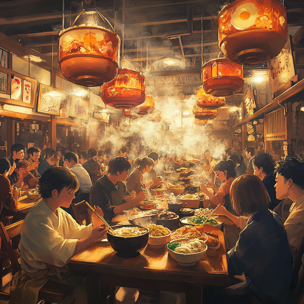 Joyful Gathering in Traditional Japanese Ramen Kitchen