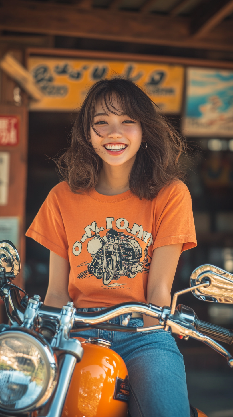 Joyful Japanese woman on Harley in vintage garage