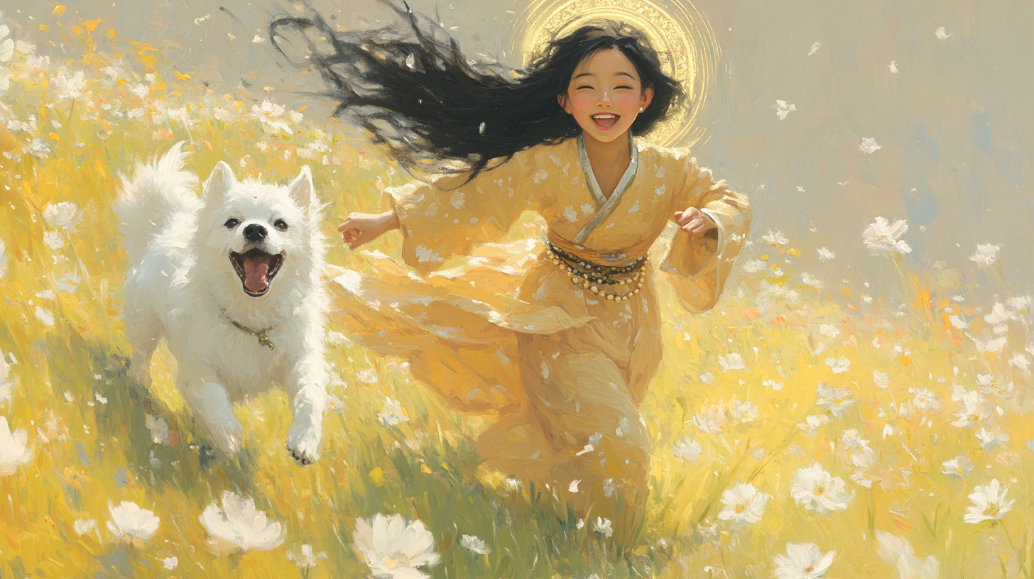 Joyful Korean girl bodhisattva and Baekgu dog running.