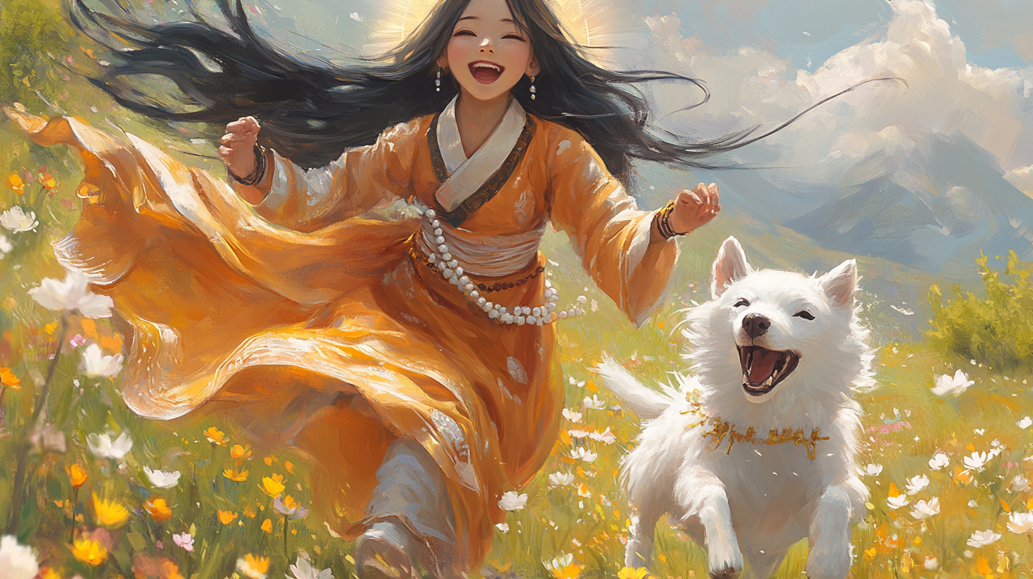 Joyful Korean girl bodhisattva with Baekgu dog