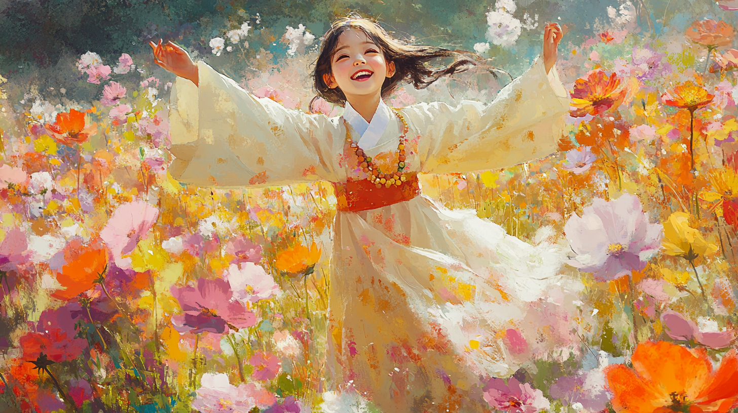 Joyful Korean girl in bodhisattva costume dances in field.