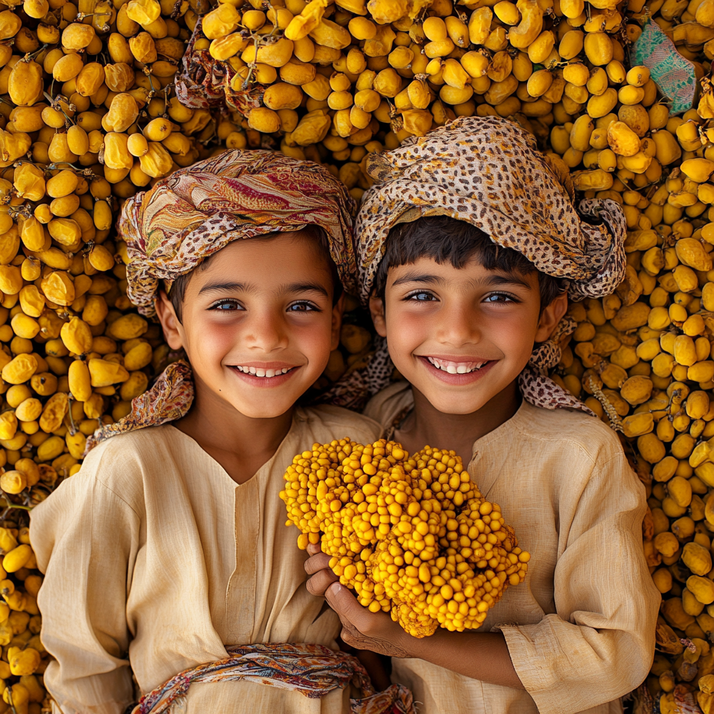 Joyful Omani children surrounded by ripe dates.