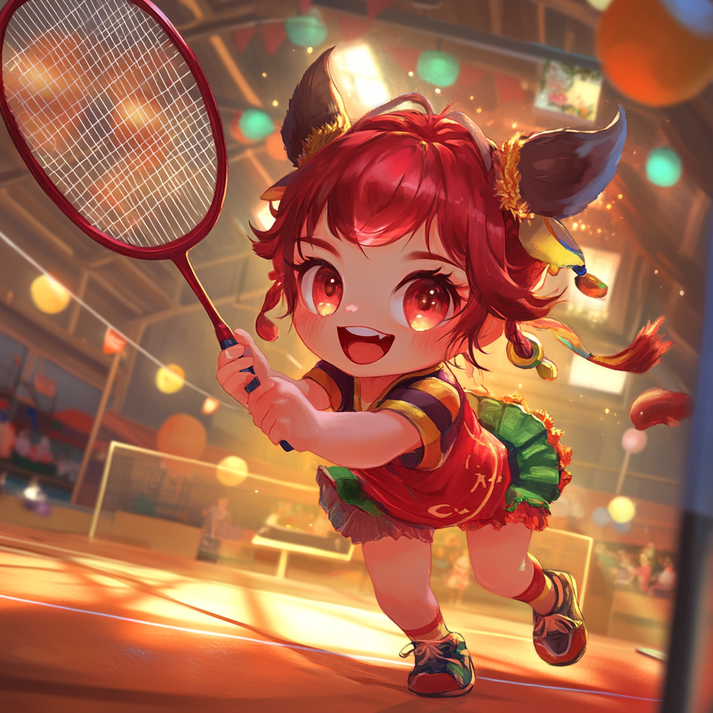 Joyful Oni Girl Playing Badminton Indoors