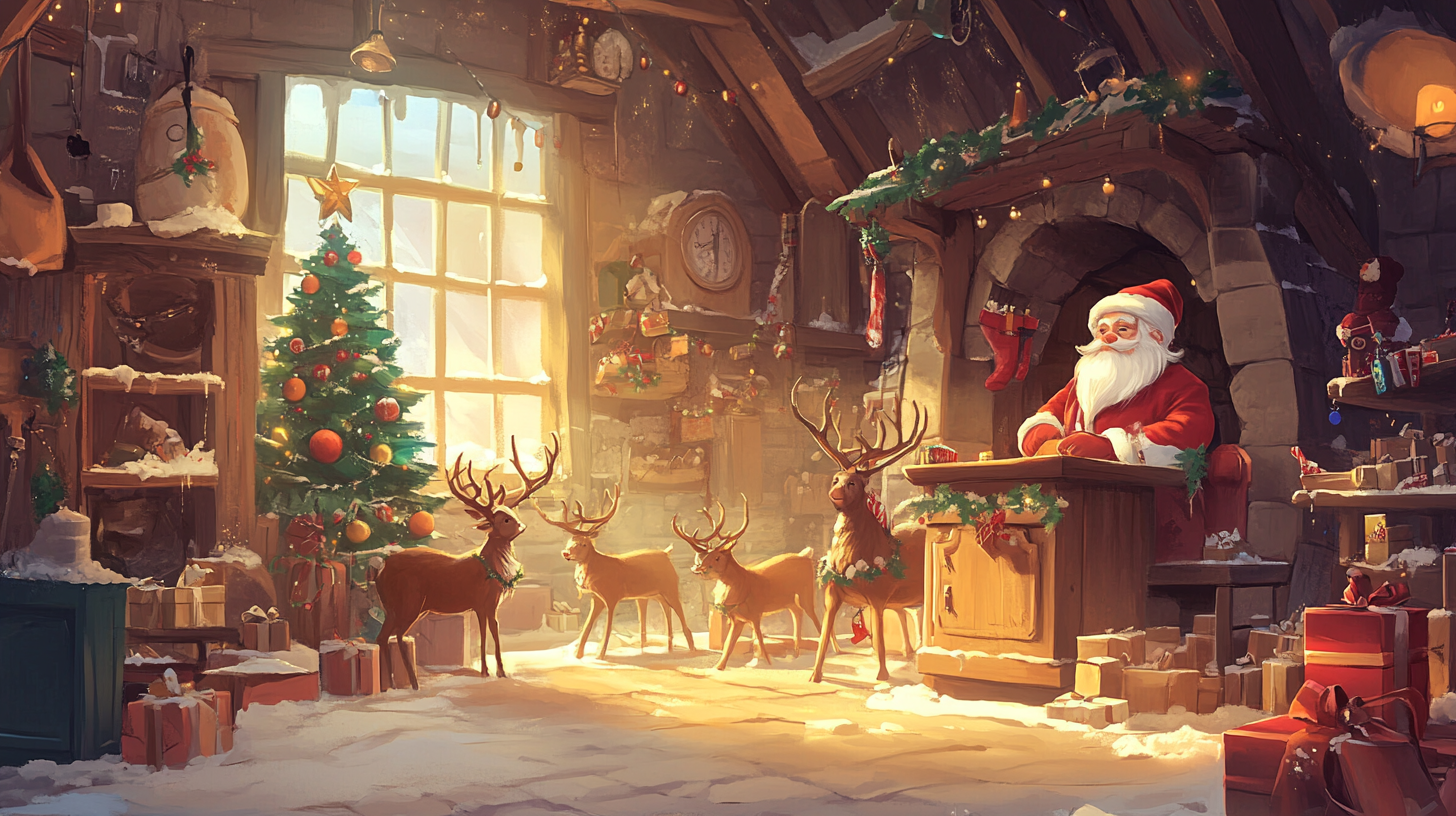 Joyful Santa's Workshop with Reindeer Preparing Christmas Presents.