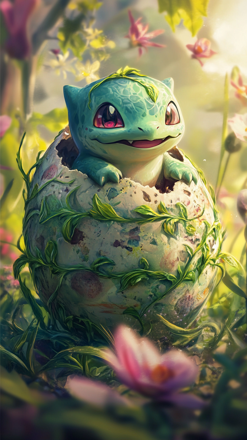 Joyful baby Bulbasaur hatching from leafy vine-wrapped egg.