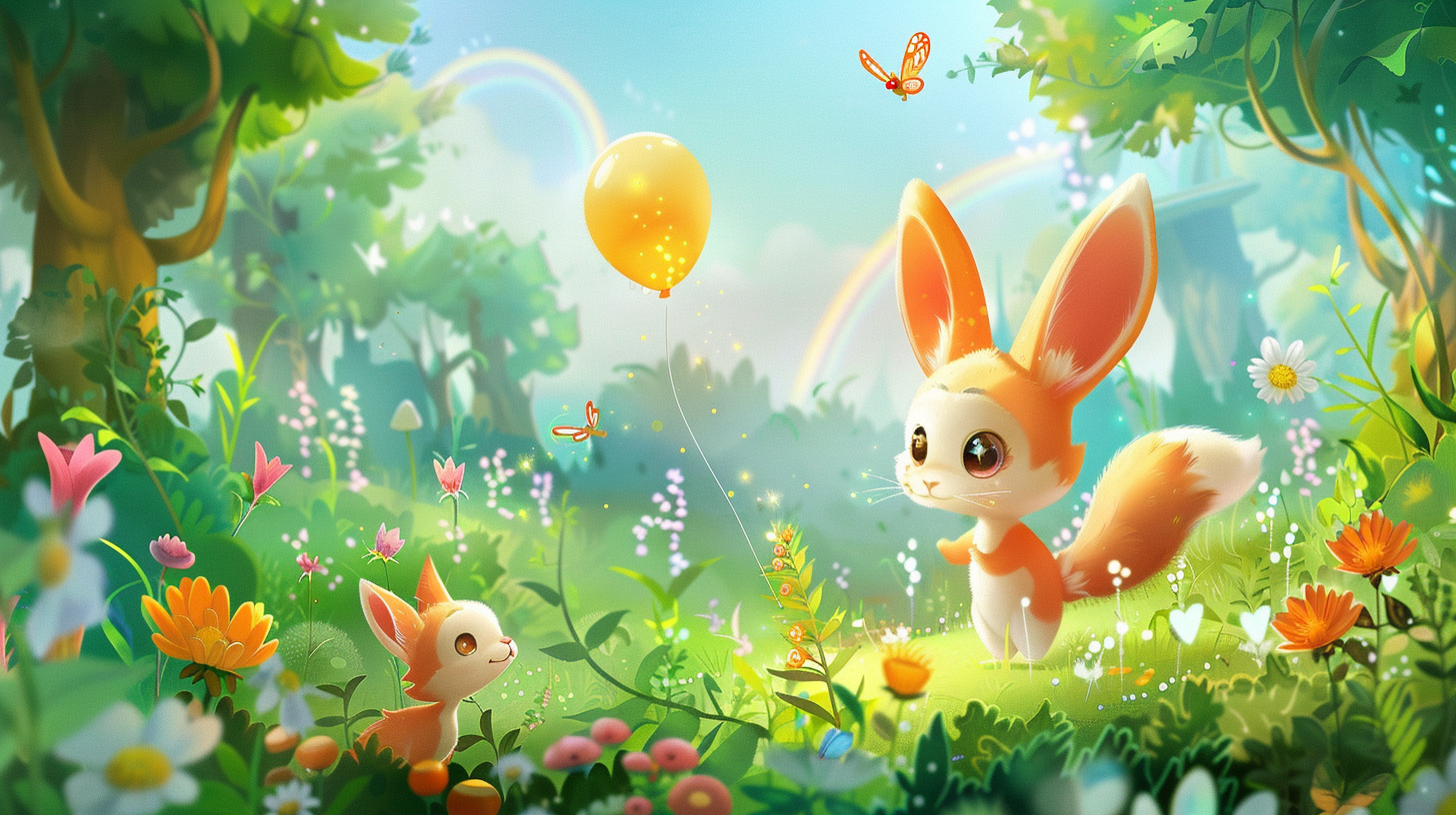 Joyful bunny, playful fox in colorful cartoon scene.