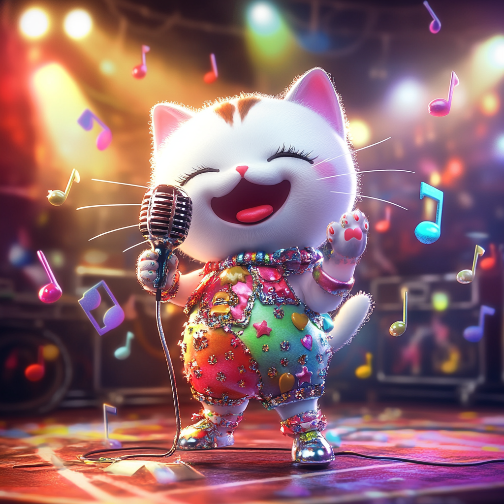 Joyful chibi cat sings playful, funny performance in sparkly colorful outfit.