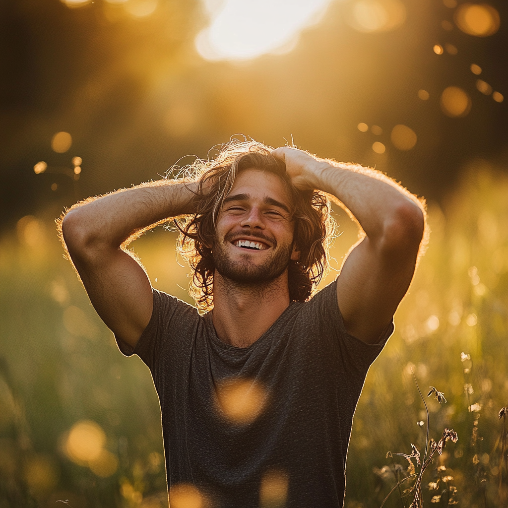 Joyful man in sunlit field with flowing hair.