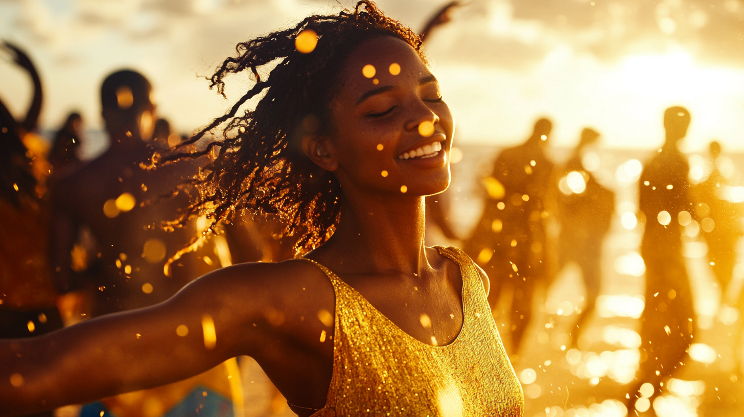 Joyful woman dances at African music festival