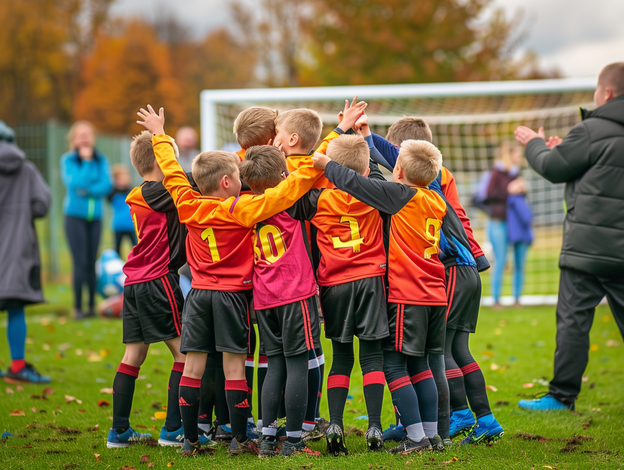 Joyful young football team celebrating goal together