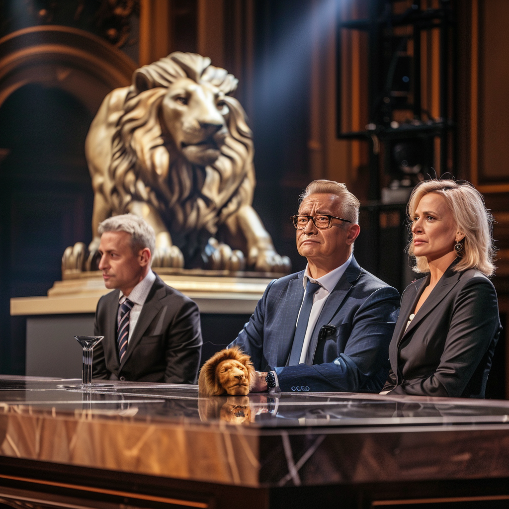 Judges on TV show with lion statue prop.