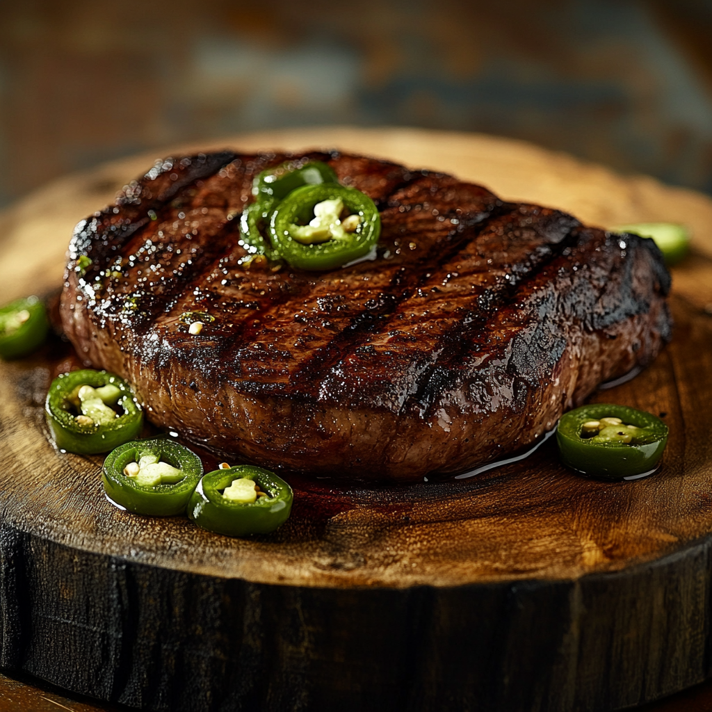 Juicy Steak with Grilled Jalapeños on Wooden Platter