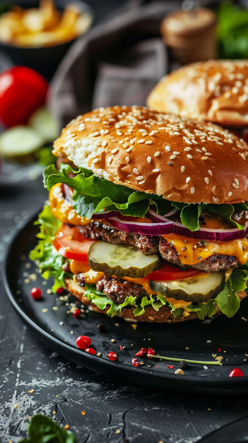 Juicy double cheeseburger on a plate