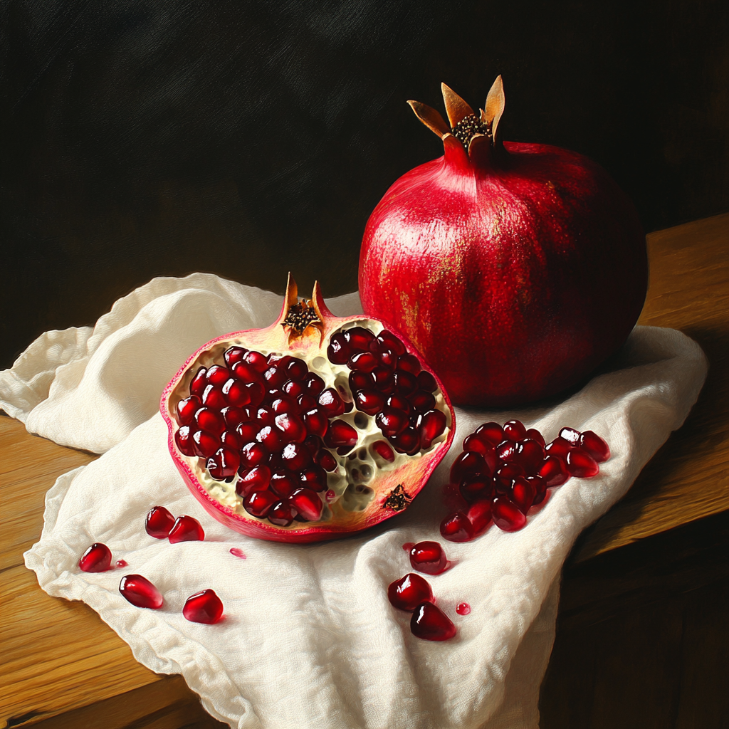 Juicy ruby pomegranate on dark table with spot lighting.