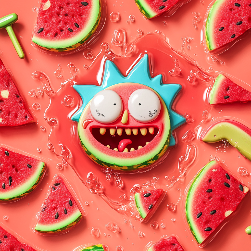 Juicy watermelon backdrop with Morty-shaped candies