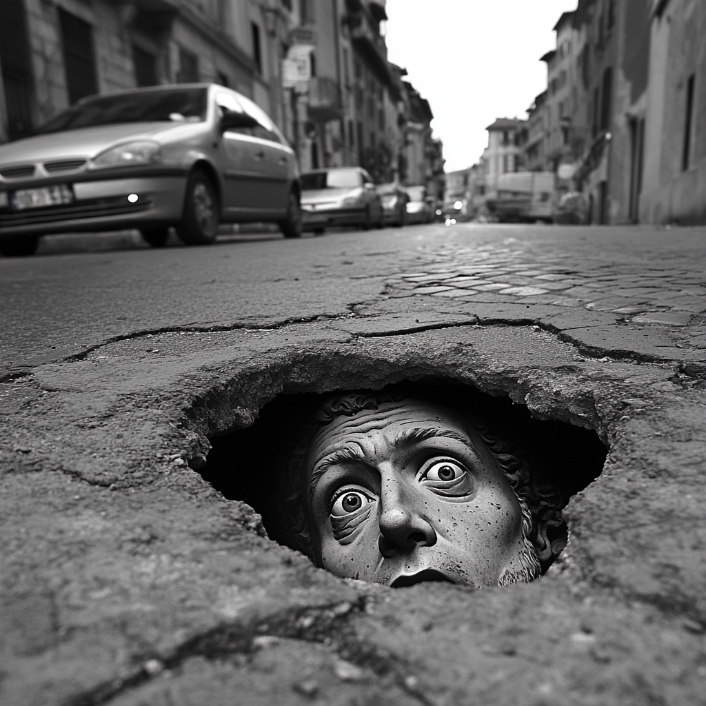 Julius Caesar in Pothole on Rome Street